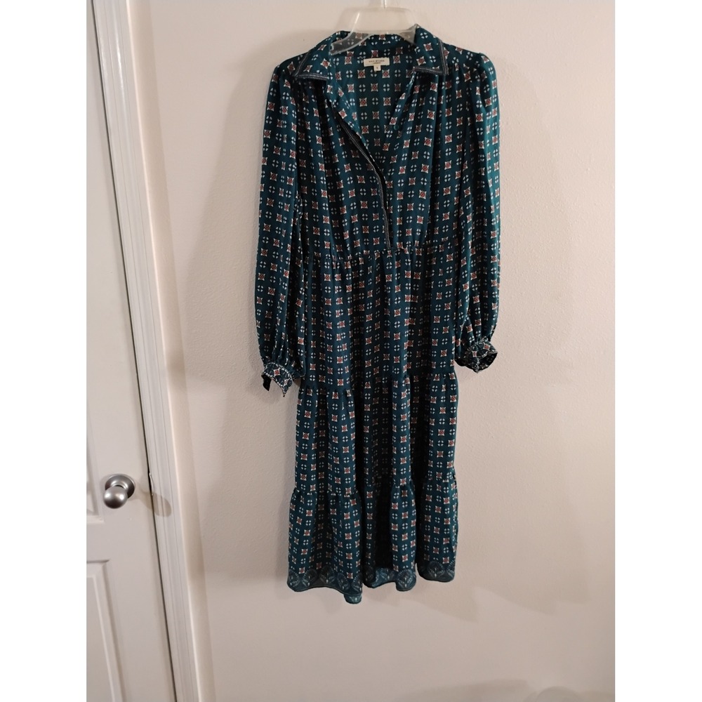 Max Studio London Teal Geometric Floral Tiered Midi Dress Smocked Back Small